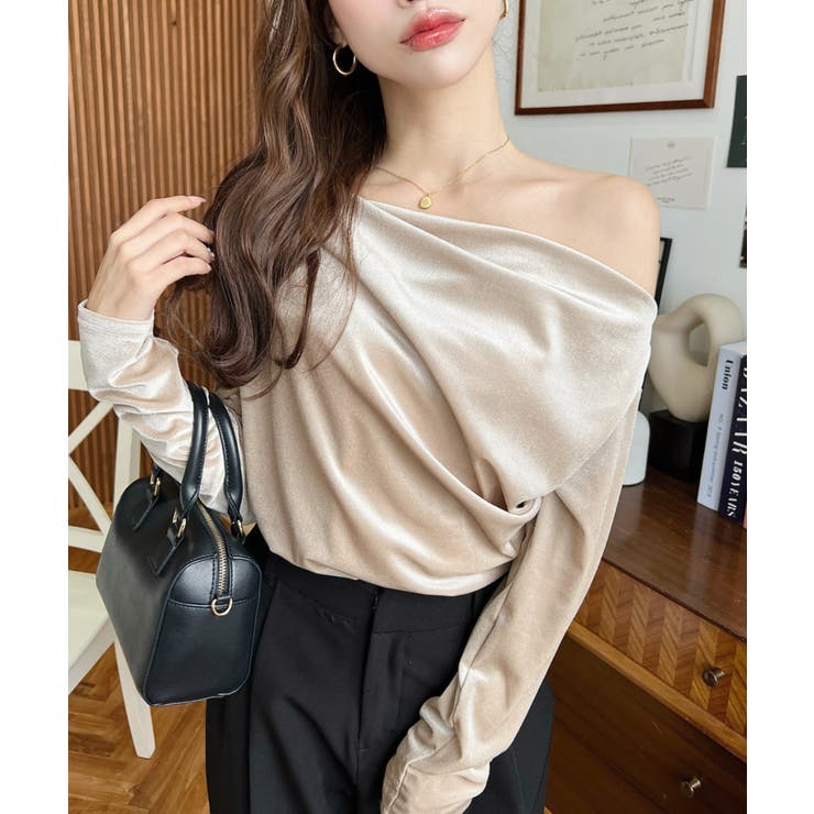 オフショルドレープシャイニーベロアプルオーバー(ドレープネック ドレープカットソ… | moment+ | 詳細画像45 