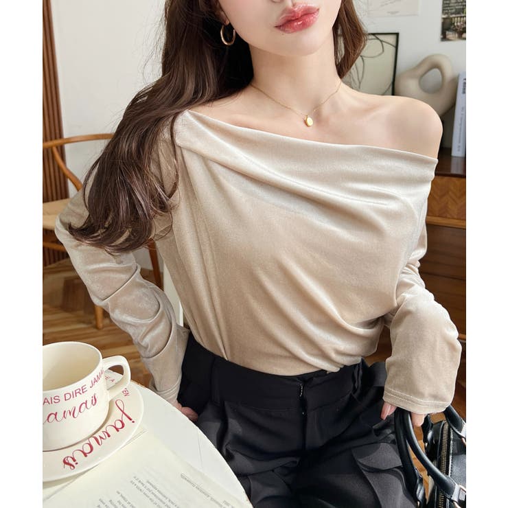 オフショルドレープシャイニーベロアプルオーバー(ドレープネック ドレープカットソ… | moment+ | 詳細画像48 