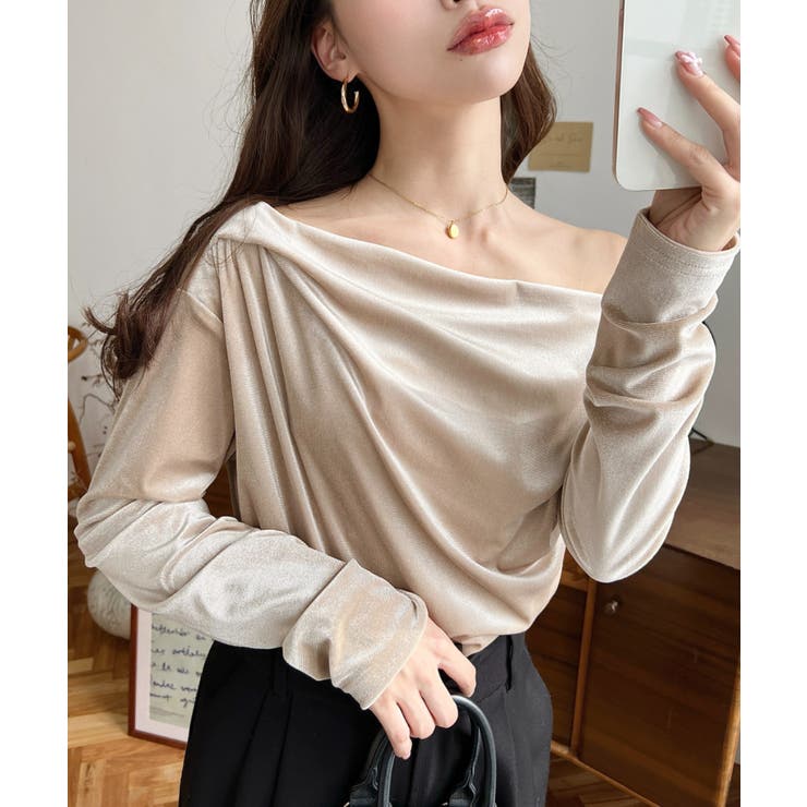 オフショルドレープシャイニーベロアプルオーバー(ドレープネック ドレープカットソ… | moment+ | 詳細画像49 