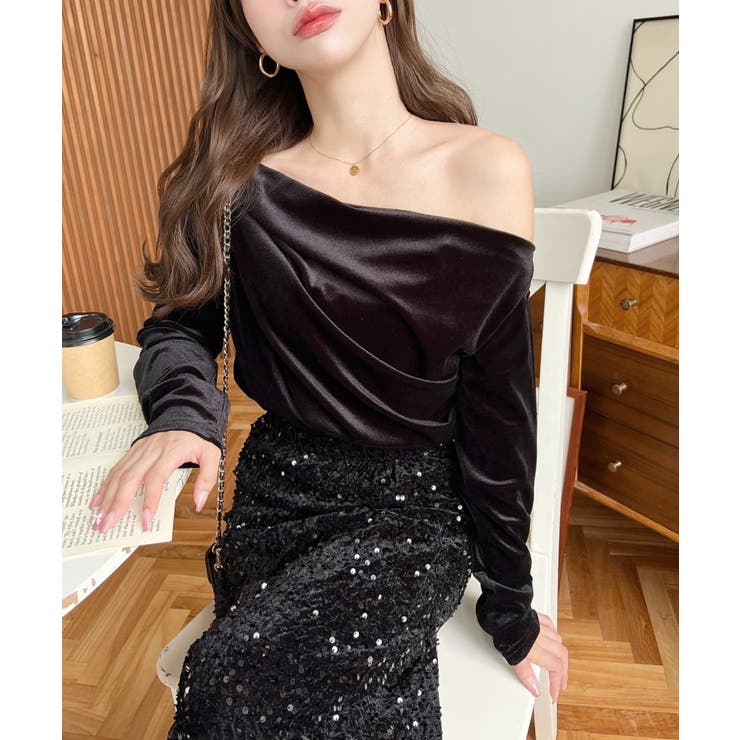 オフショルドレープシャイニーベロアプルオーバー(ドレープネック ドレープカットソ… | moment+ | 詳細画像5 