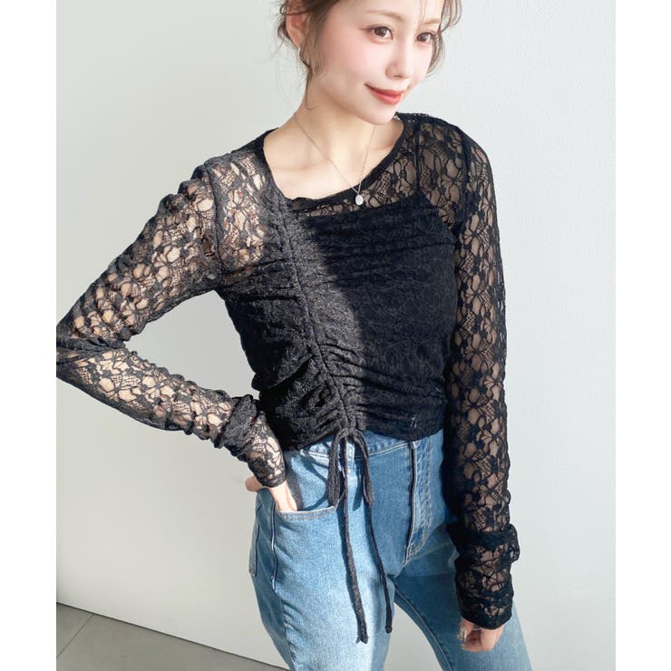 アシンメトリードロスト長袖ストレッチレーストップス | moment+ | 詳細画像12 