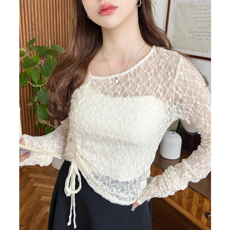 アシンメトリードロスト長袖ストレッチレーストップス | moment+ | 詳細画像14 