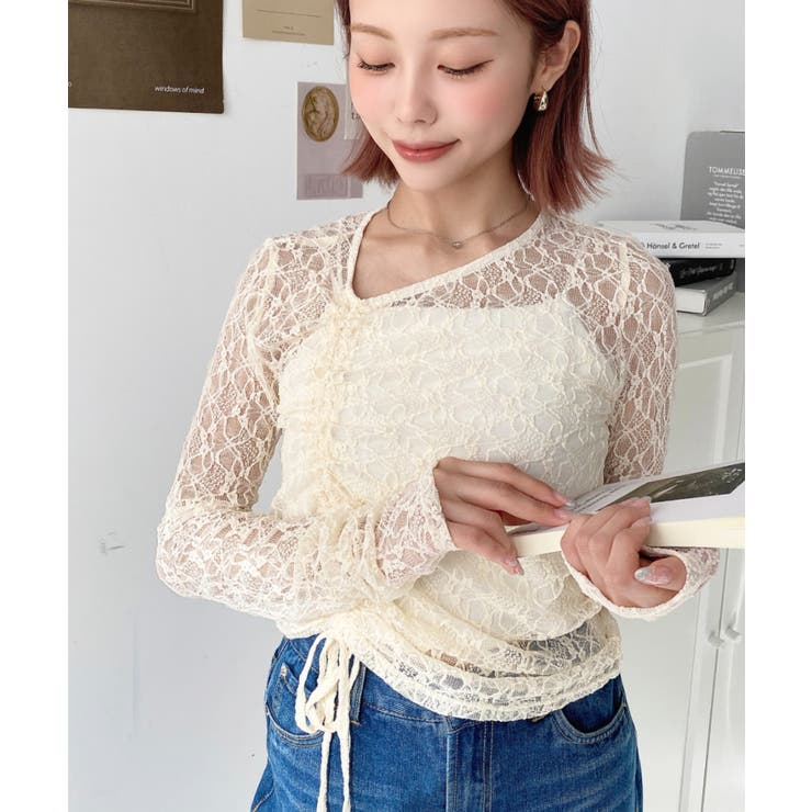 アシンメトリードロスト袖くしゅくしゅ長袖ストレッチレーストップス