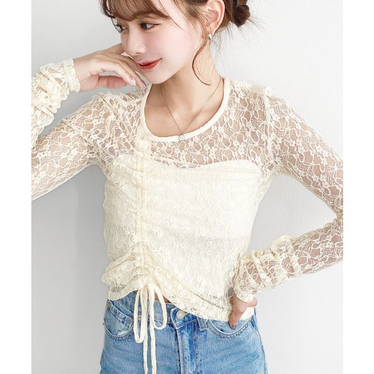 アシンメトリードロスト長袖ストレッチレーストップス | moment+ | 詳細画像17 