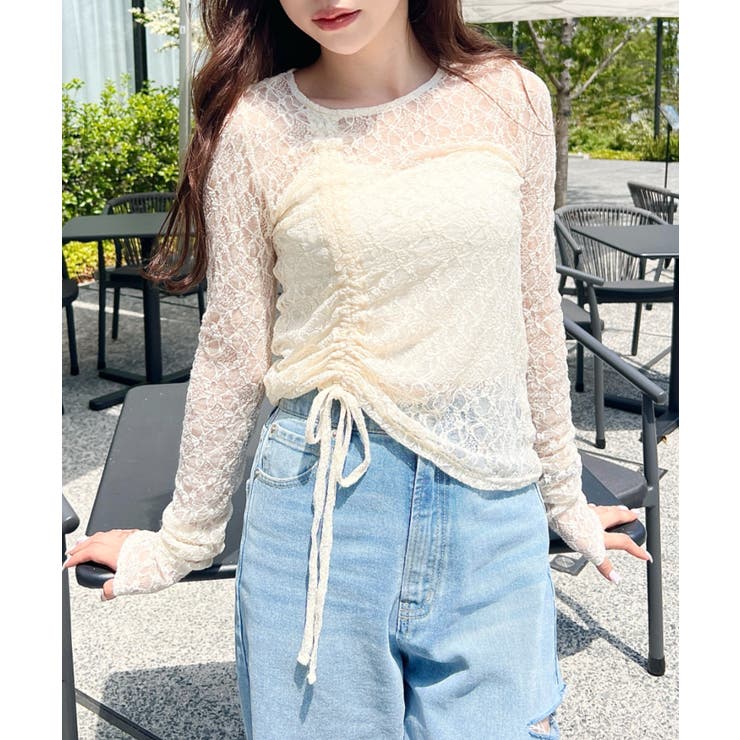 アシンメトリードロスト長袖ストレッチレーストップス | moment+ | 詳細画像19 