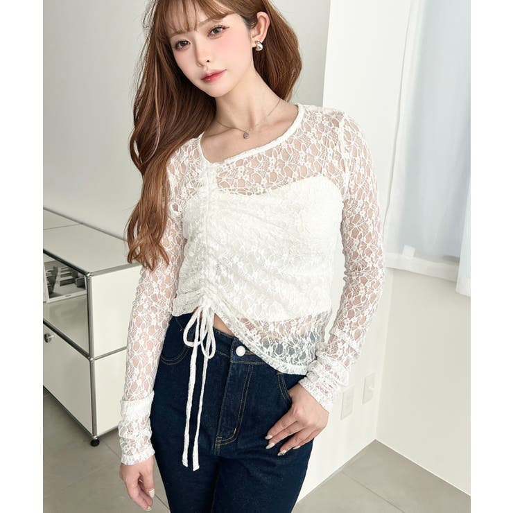 アシンメトリードロスト長袖ストレッチレーストップス | moment+ | 詳細画像2 