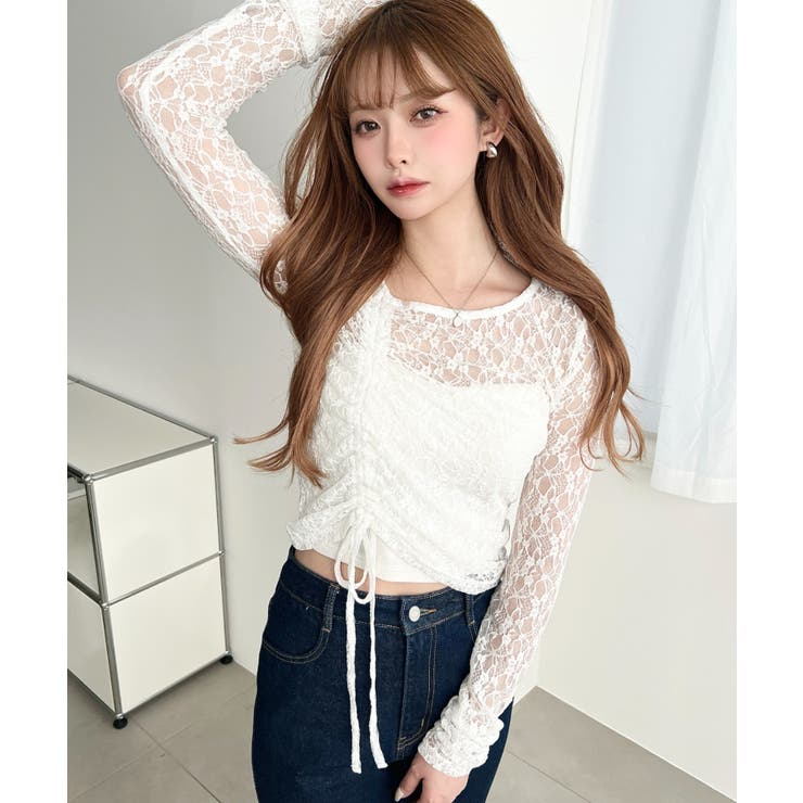 アシンメトリードロスト長袖ストレッチレーストップス | moment+ | 詳細画像4 