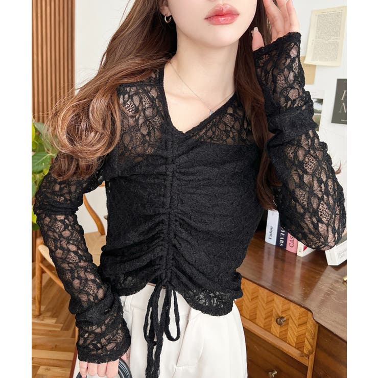 アシンメトリードロスト長袖ストレッチレーストップス | moment+ | 詳細画像6 