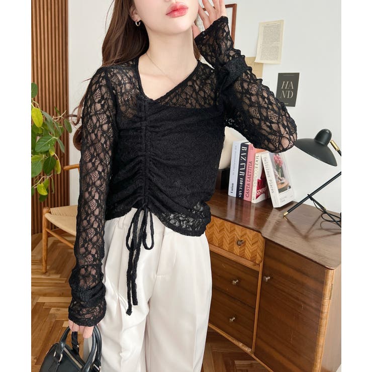 アシンメトリードロスト長袖ストレッチレーストップス | moment+ | 詳細画像7 