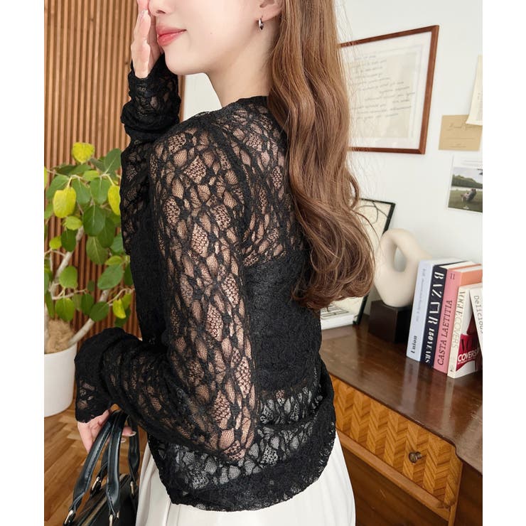 アシンメトリードロスト長袖ストレッチレーストップス | moment+ | 詳細画像8 