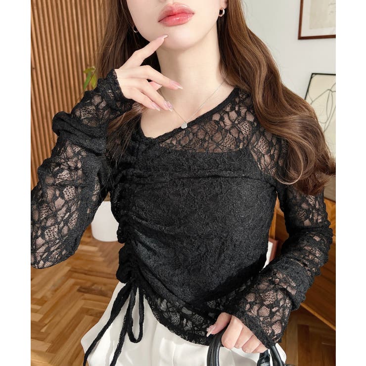 アシンメトリードロスト長袖ストレッチレーストップス | moment+ | 詳細画像9 