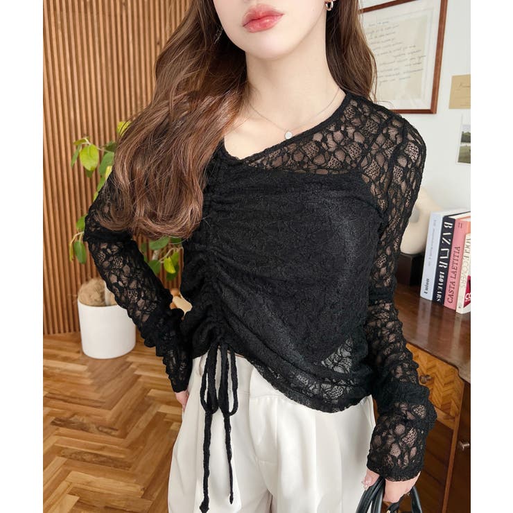 ブラック | アシンメトリードロスト長袖ストレッチレーストップス | moment+