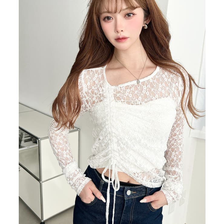 オフホワイト | アシンメトリードロスト長袖ストレッチレーストップス | moment+