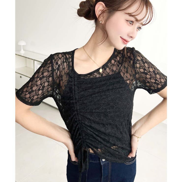 ブラック | ＼ストレット素材で楽ちん♪／アシンメトリードロスト半袖ストレッチレーストップス | moment+