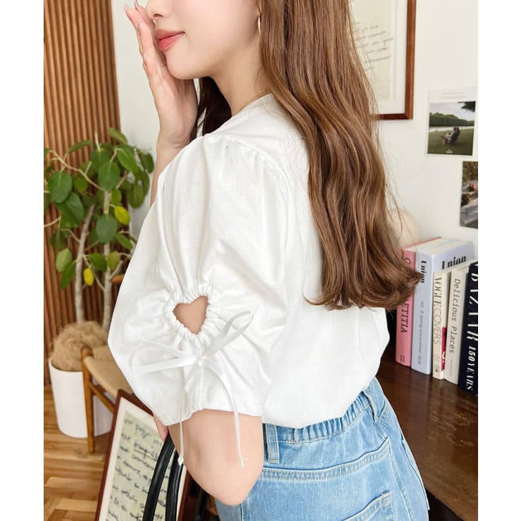 袖ハートホールリボン半袖Tシャツ | moment+ | 詳細画像7 
