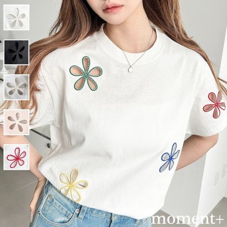 フラワー刺繍半袖Tシャツ | moment+ | 詳細画像1 