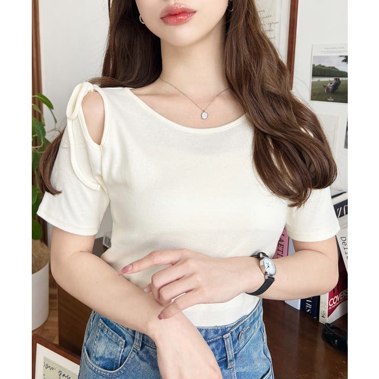 ナチュラル | 肩スリットリボン半袖トップス | moment+