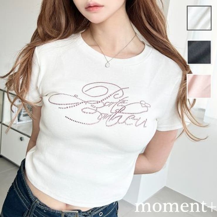 ラインストーンロゴ半袖チビTシャツ | moment+ | 詳細画像1 