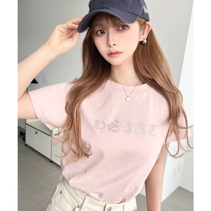 ピンク | ラインストーンロゴ半袖Tシャツ | moment+