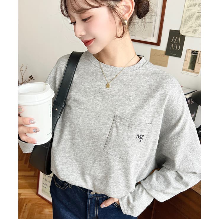 杢グレー | ワンポイント刺繍ポケットロンT | moment+