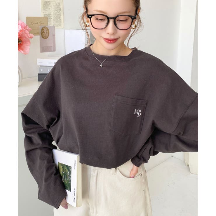 チャコールグレー | ワンポイント刺繍ポケットロンT | moment+