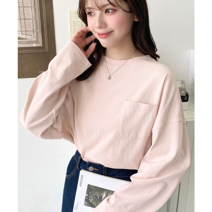 ピンク | ワンポイント刺繍ポケットロンT | moment+