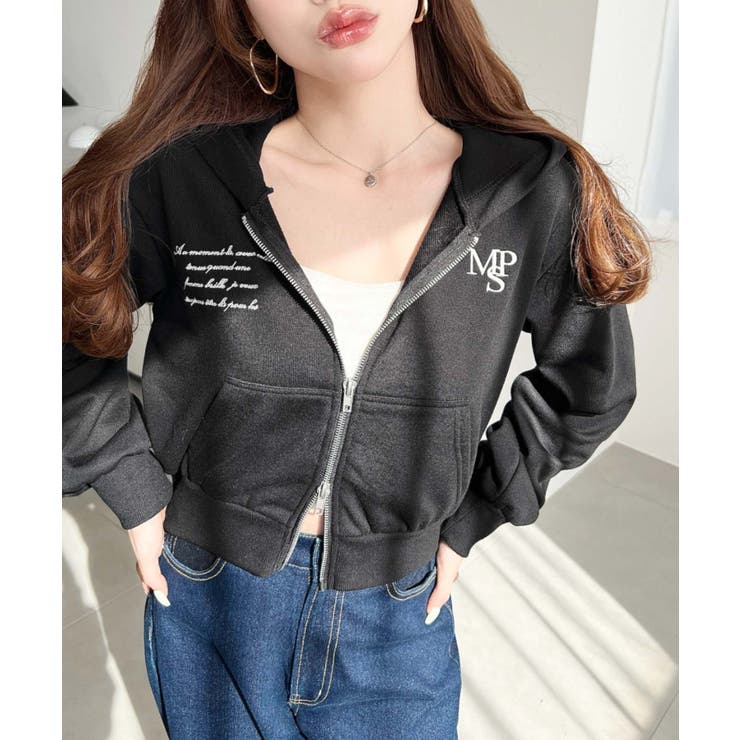 裏毛ショート丈ロゴ刺繍ジップアップパーカー | moment+ | 詳細画像15 