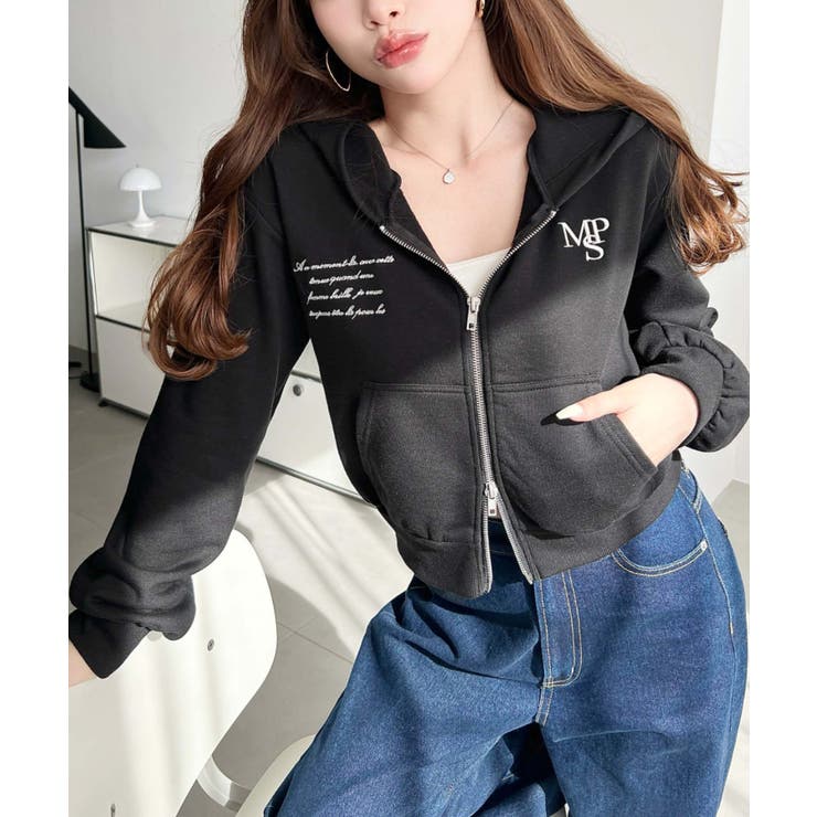 裏毛ショート丈ロゴ刺繍ジップアップパーカー | moment+ | 詳細画像16 