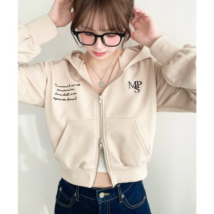 裏毛ショート丈ロゴ刺繍ジップアップパーカー | moment+ | 詳細画像20 