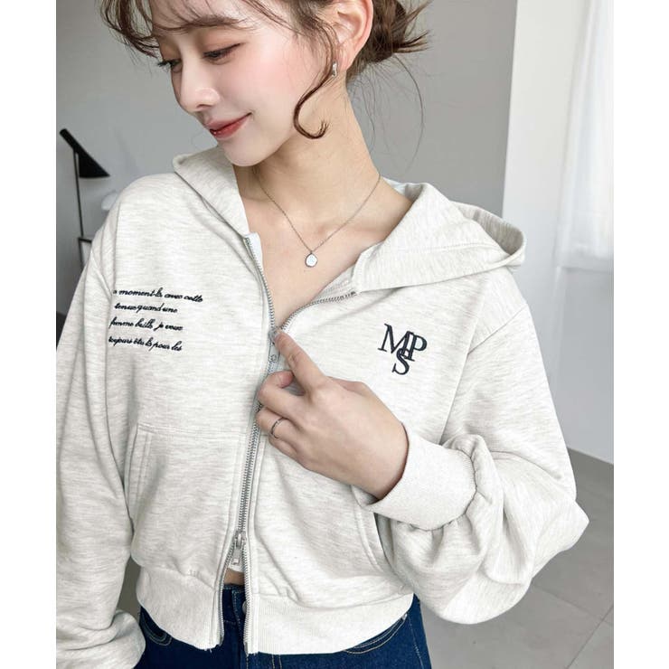 裏毛ショート丈ロゴ刺繍ジップアップパーカー | moment+ | 詳細画像24 