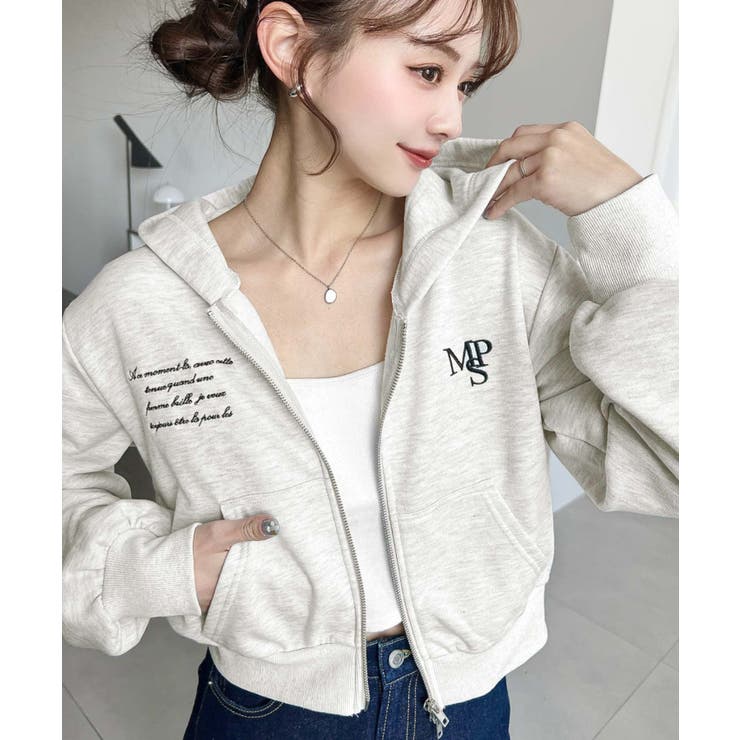 裏毛ショート丈ロゴ刺繍ジップアップパーカー | moment+ | 詳細画像26 