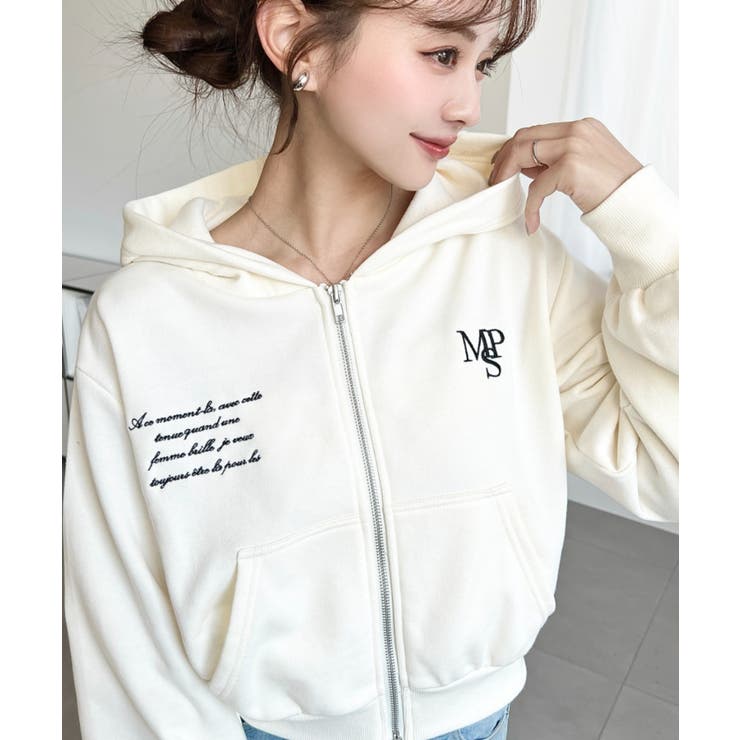 裏毛ショート丈ロゴ刺繍ジップアップパーカー | moment+ | 詳細画像3 