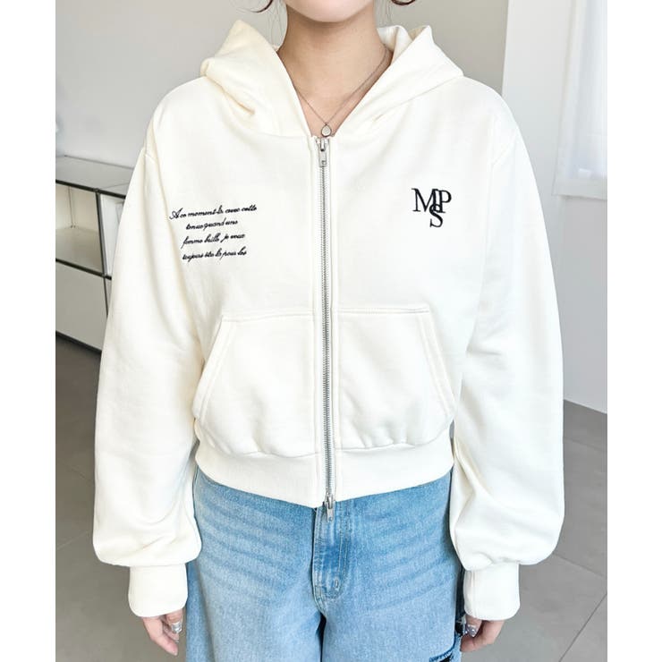 裏毛ショート丈ロゴ刺繍ジップアップパーカー | moment+ | 詳細画像8 