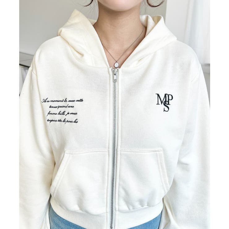 裏毛ショート丈ロゴ刺繍ジップアップパーカー | moment+ | 詳細画像9 