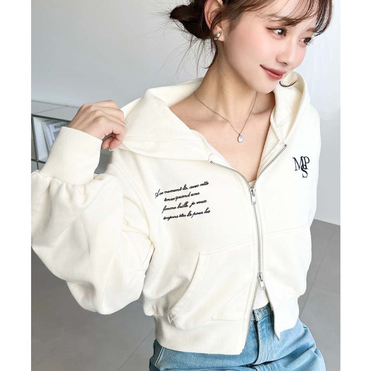 アイボリー | 裏毛ショート丈ロゴ刺繍ジップアップパーカー | moment+