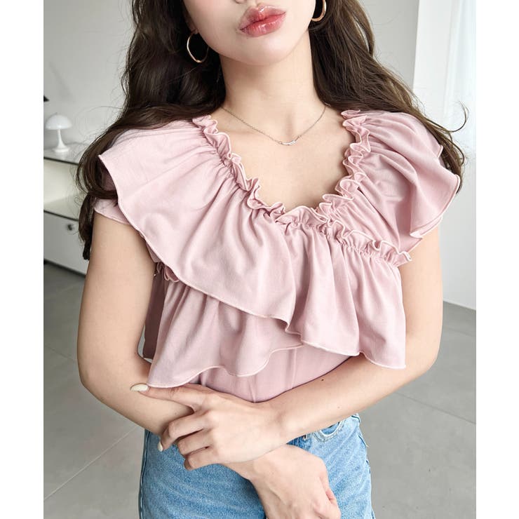 ピンク | マルチウェイオフショルクロスフリルTシャツ | moment+