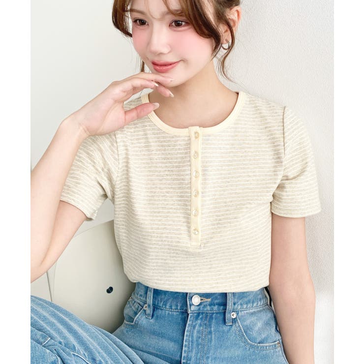 オートミール | ＼カジュアルTの定番！／ヘンリーネックボーダー半袖Tシャツ | moment+