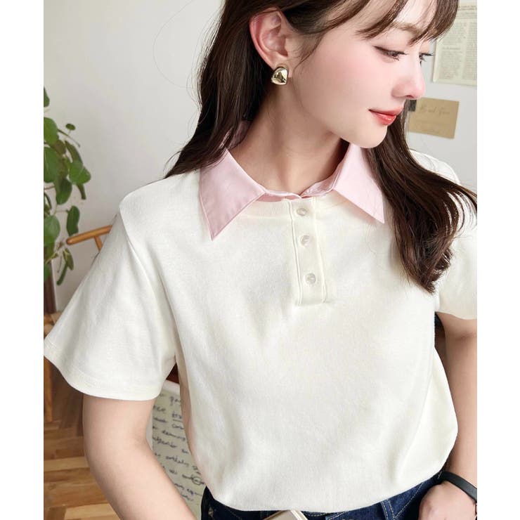 ナチュラル | バイカラーデザイン半袖ポロカットソー | moment+