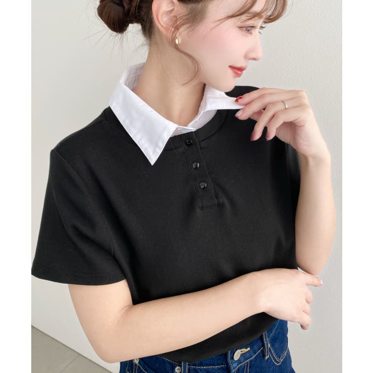 ブラック | バイカラーデザイン半袖ポロカットソー | moment+