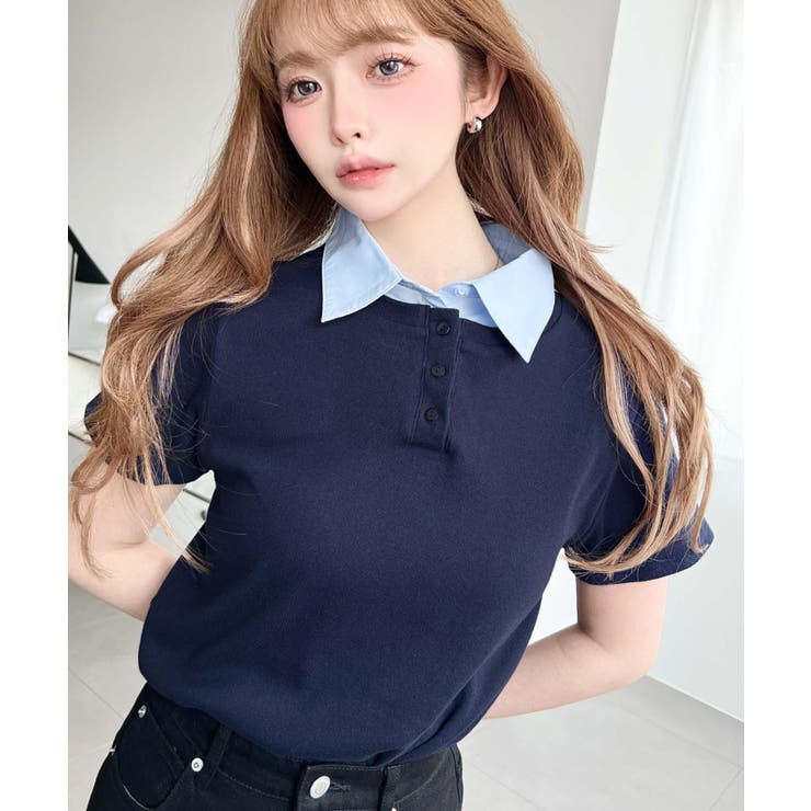 ネイビー | バイカラーデザイン半袖ポロカットソー | moment+