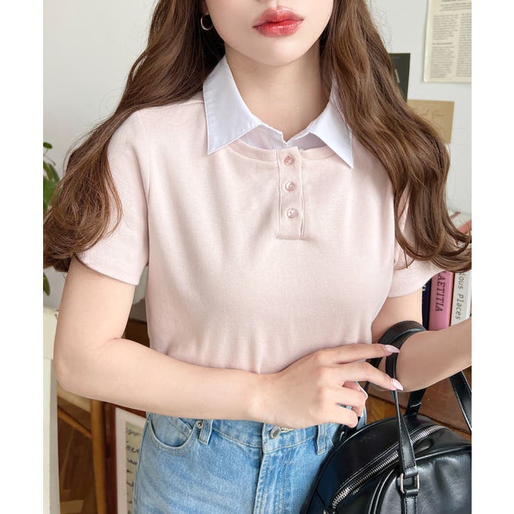 ピンク | バイカラーデザイン半袖ポロカットソー | moment+