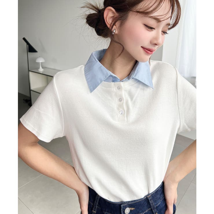 オフホワイト | バイカラーデザイン半袖ポロカットソー | moment+