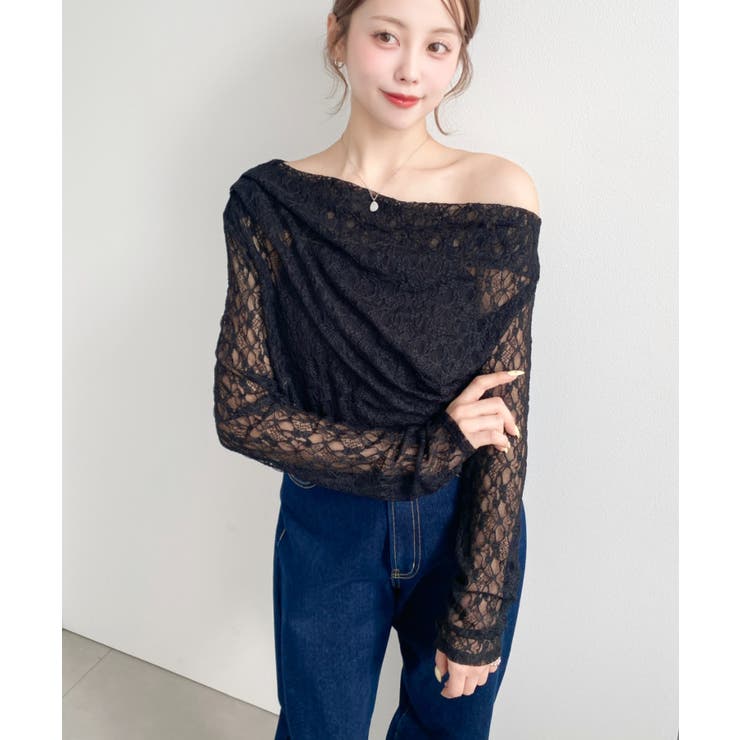 ワンショルドレープ長袖ストレッチレースプルオーバー(インナー別売り) | moment+ | 詳細画像21 