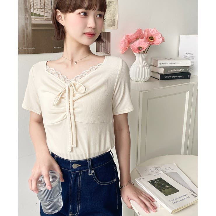 ドットプリントフロントレースギャザーリボントップス | moment+ | 詳細画像12 