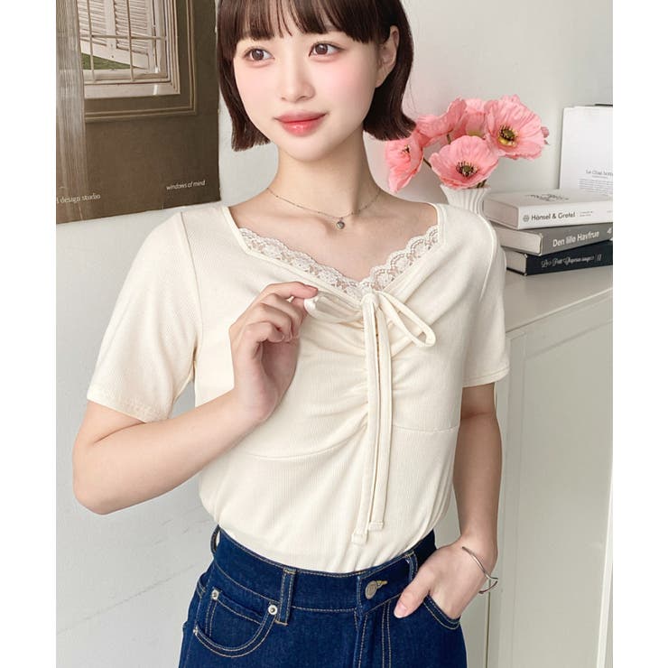 ドットプリントフロントレースギャザーリボントップス | moment+ | 詳細画像14 