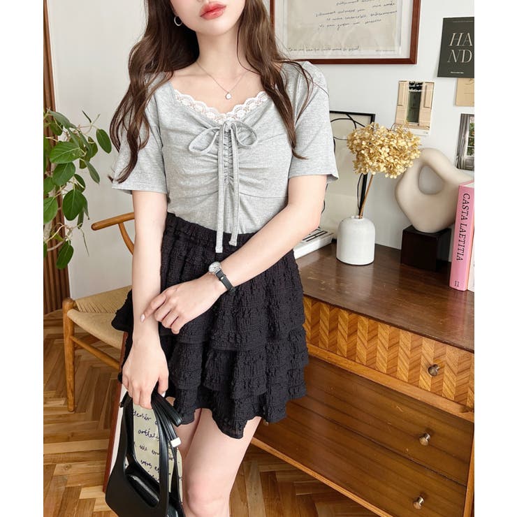 ドットプリントフロントレースギャザーリボントップス | moment+ | 詳細画像17 