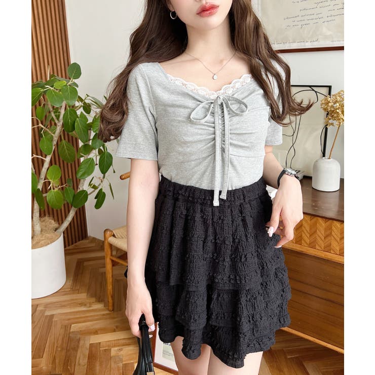 ドットプリントフロントレースギャザーリボントップス[品番