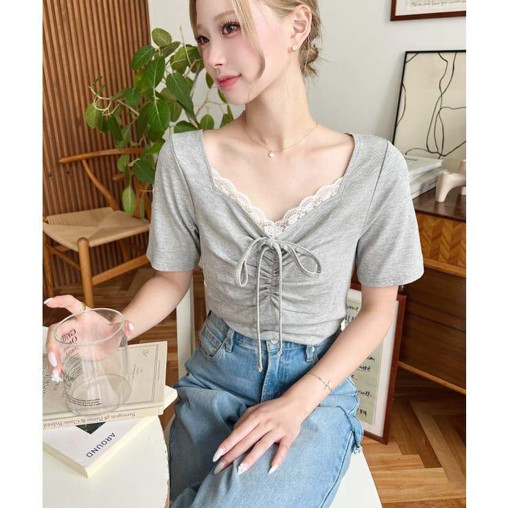 ドットプリントフロントレースギャザーリボントップス | moment+ | 詳細画像22 