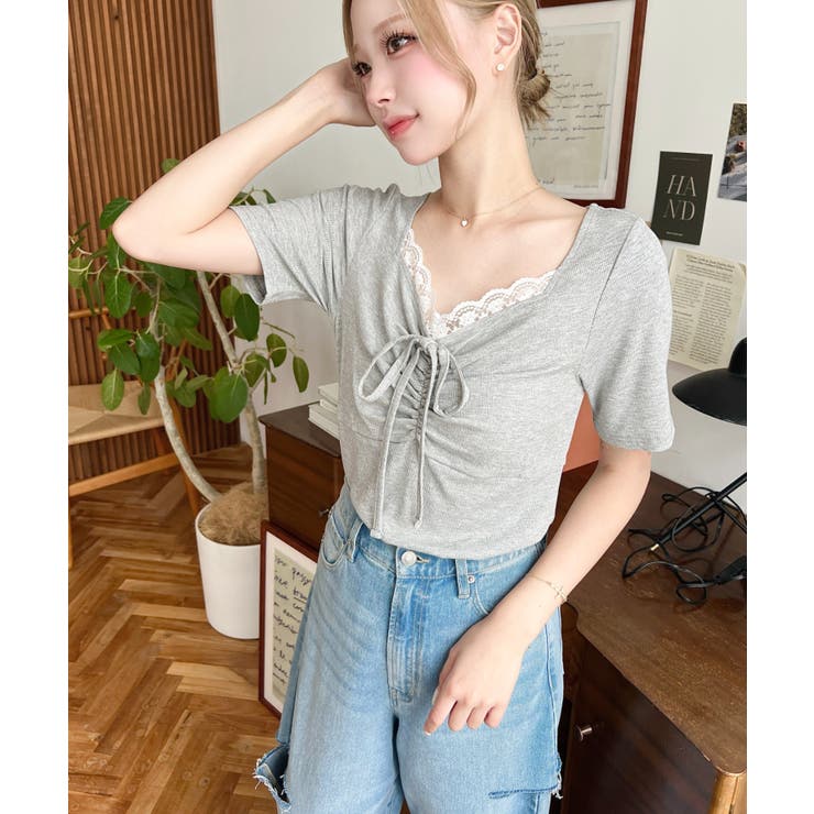 ドットプリントフロントレースギャザーリボントップス | moment+ | 詳細画像24 