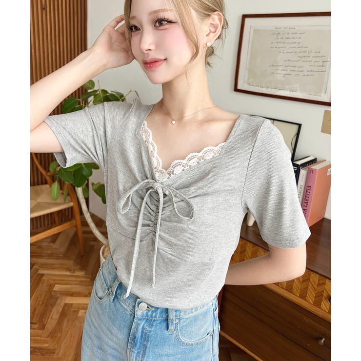 ドットプリントフロントレースギャザーリボントップス | moment+ | 詳細画像25 